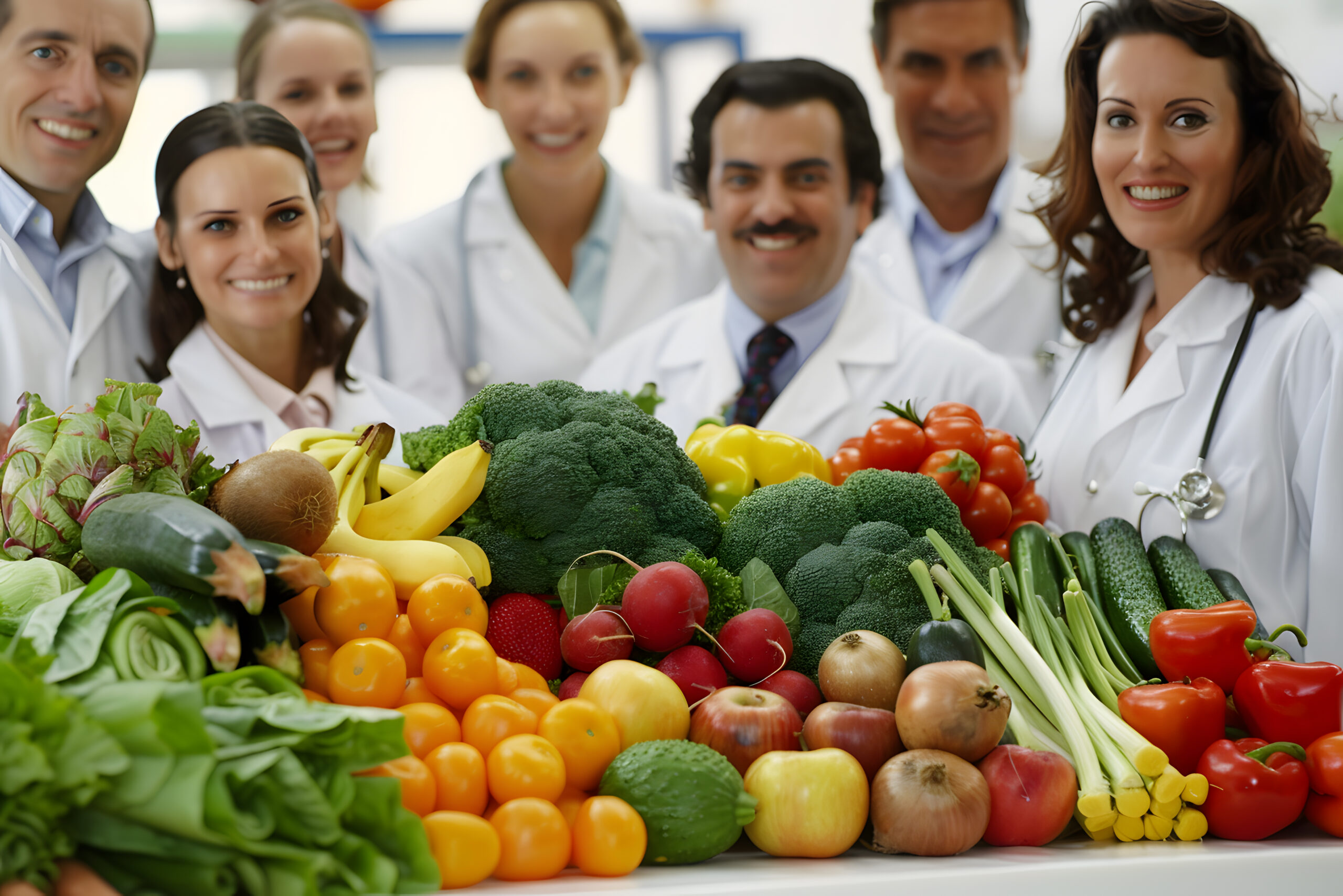 Group of nutritionists showcasing fresh fruits and vegetables, advocating for heart health and cholesterol management.